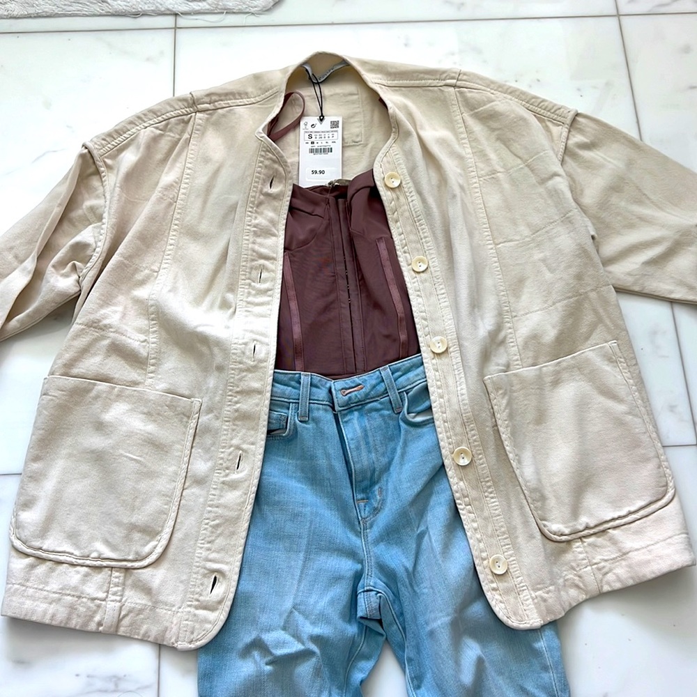 Zara oversized  light beige cotton twill blazer -new-size small